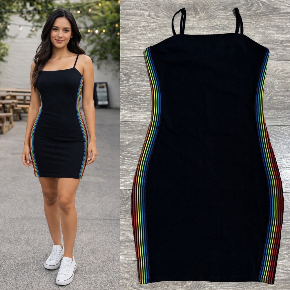 Express Womens Black Rainbow‎ Side Stripe Bodycon Mini Dress Spaghetti Strap XS